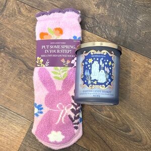 Bath & Body Works Pink Bunny Lounge Socks & Easter Candy Basket Candle Set